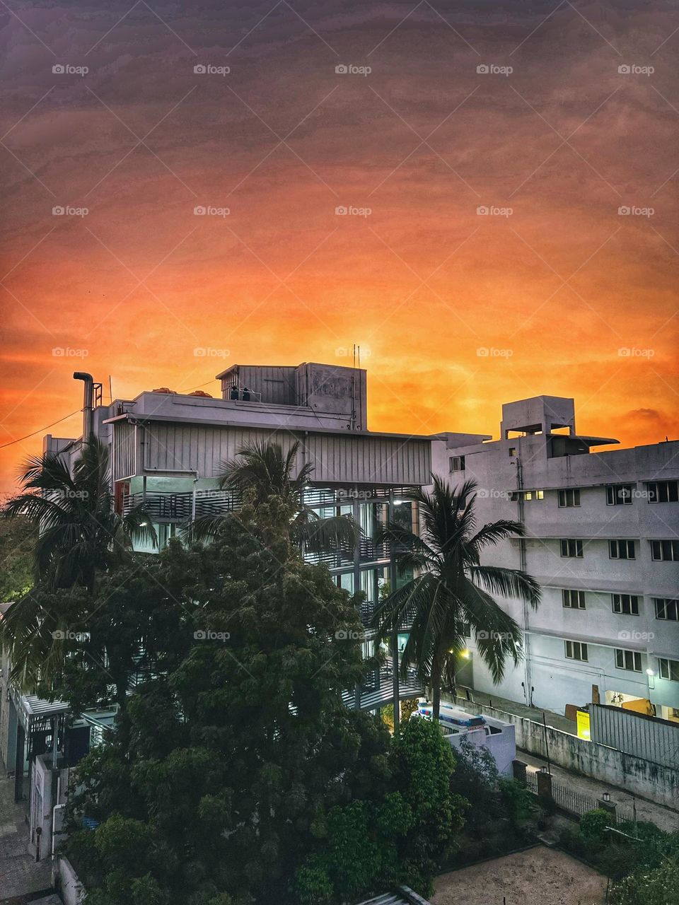 Urban sunset over buildings