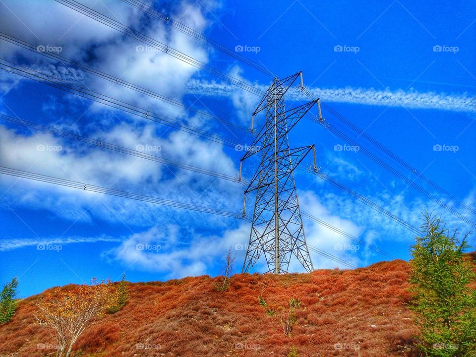 Electricity pylon on mountainside above the village of Abernant, Aberdare, South Wales (September 2018)