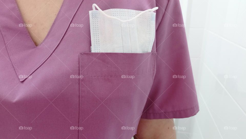in color, purple, lilac, work uniform, pocket, blue mask, doctor, nurse