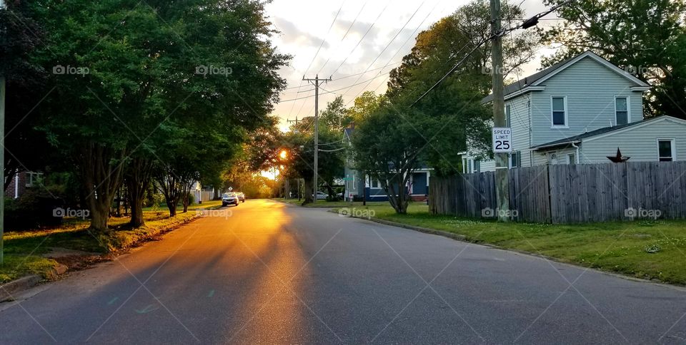sunset on a neighborhood street