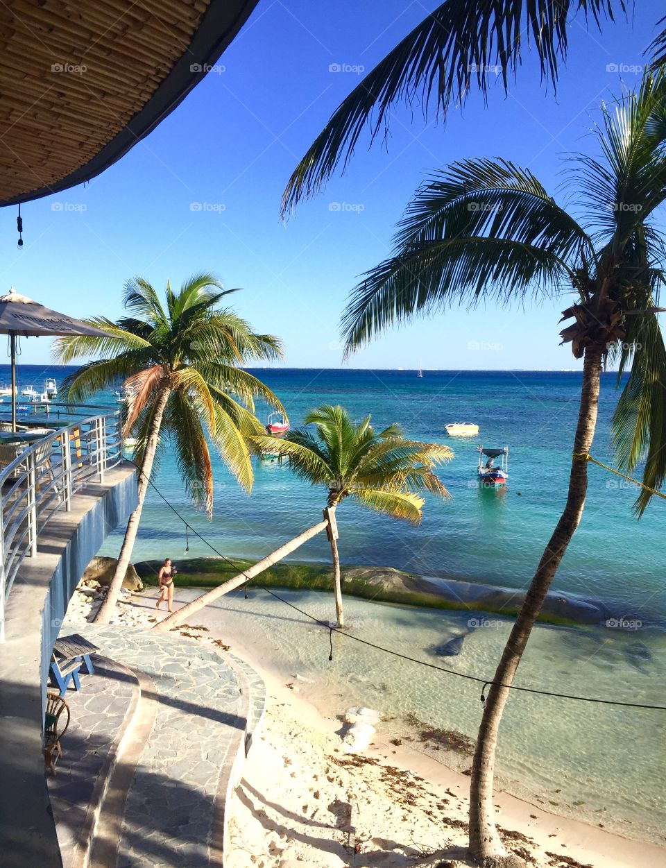 Restaurant by the beach, palm trees, yachts, Mexico coast