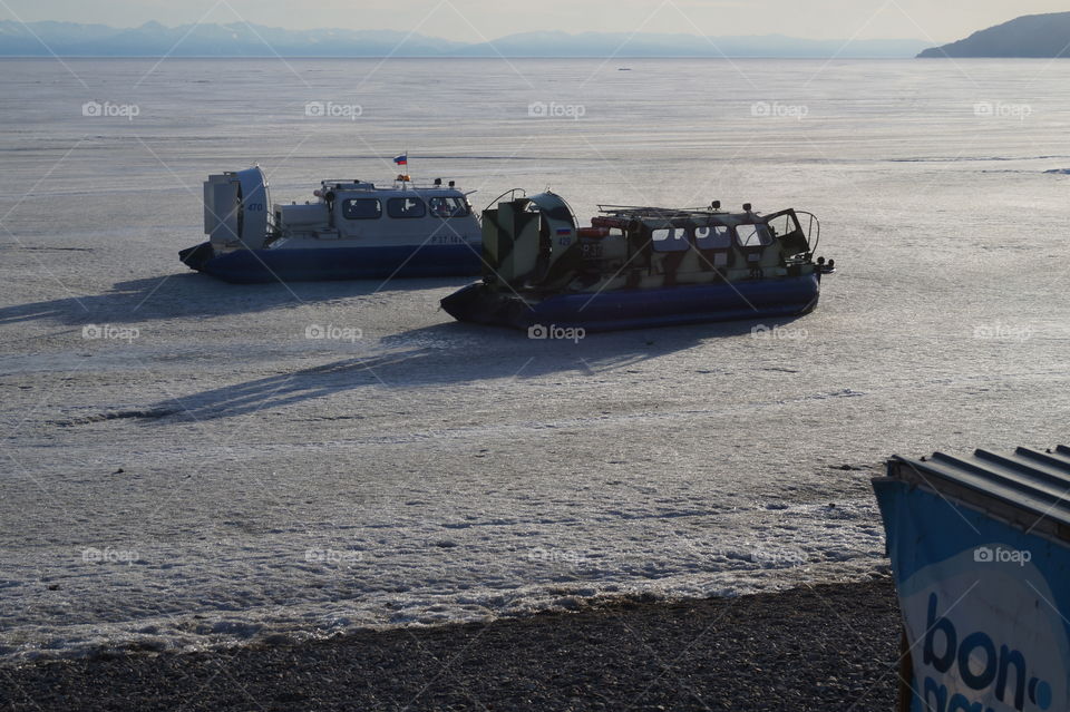 The hovercraft on the ice of lake Baikal