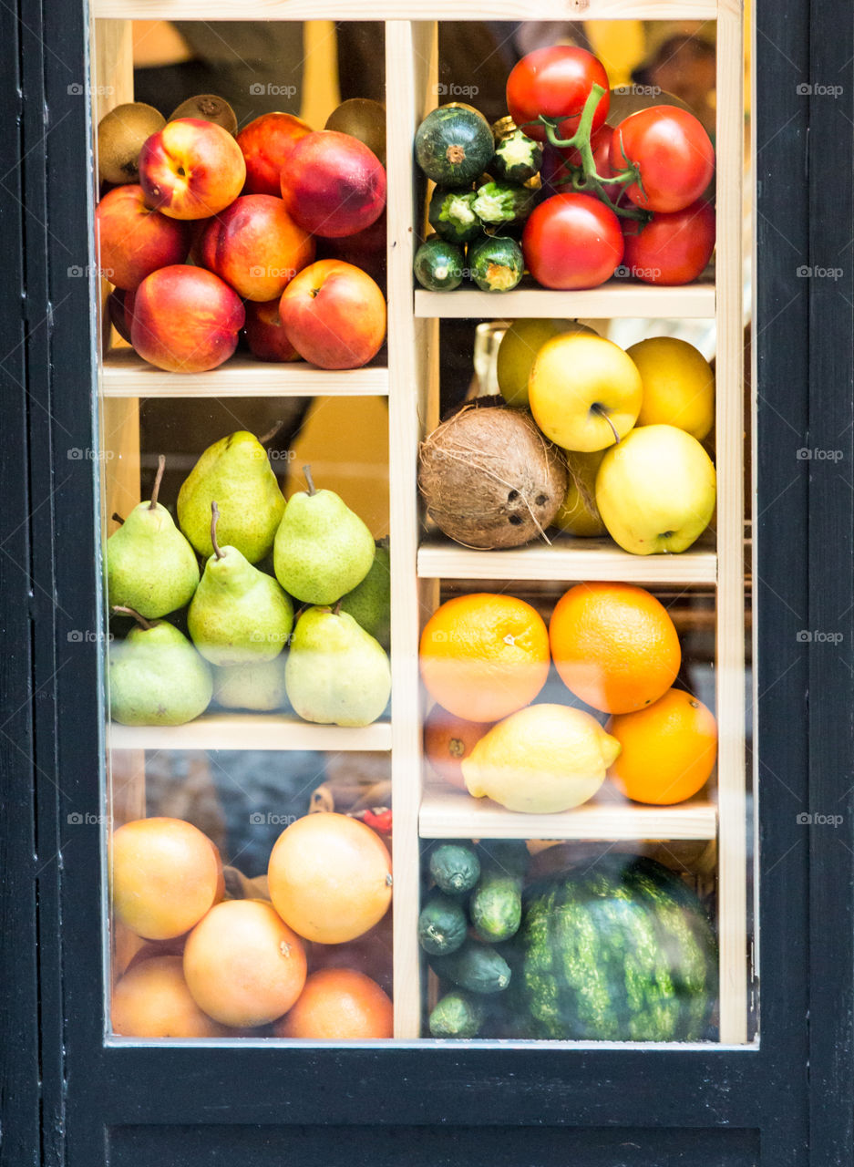 Fresh Fruits, Vegetables And Juices In Shop Window