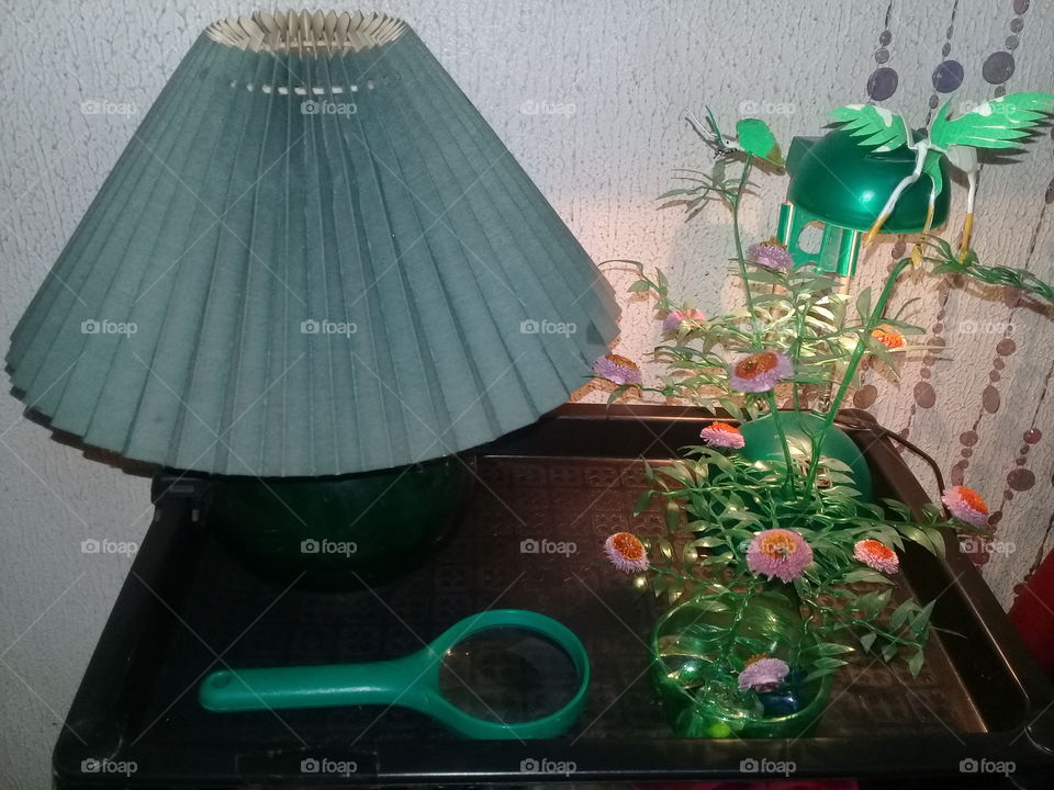 Lamp. Flower base. Magnifying glass