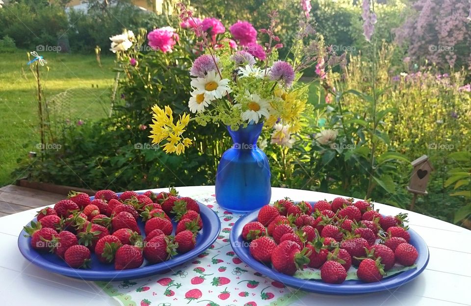 summering flowers and strawberries