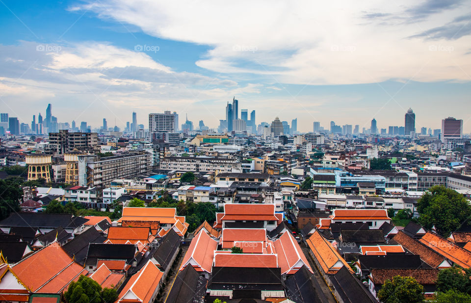 View from Wat Saket to the cityscape of Bangkok Thailand Southeast Asia