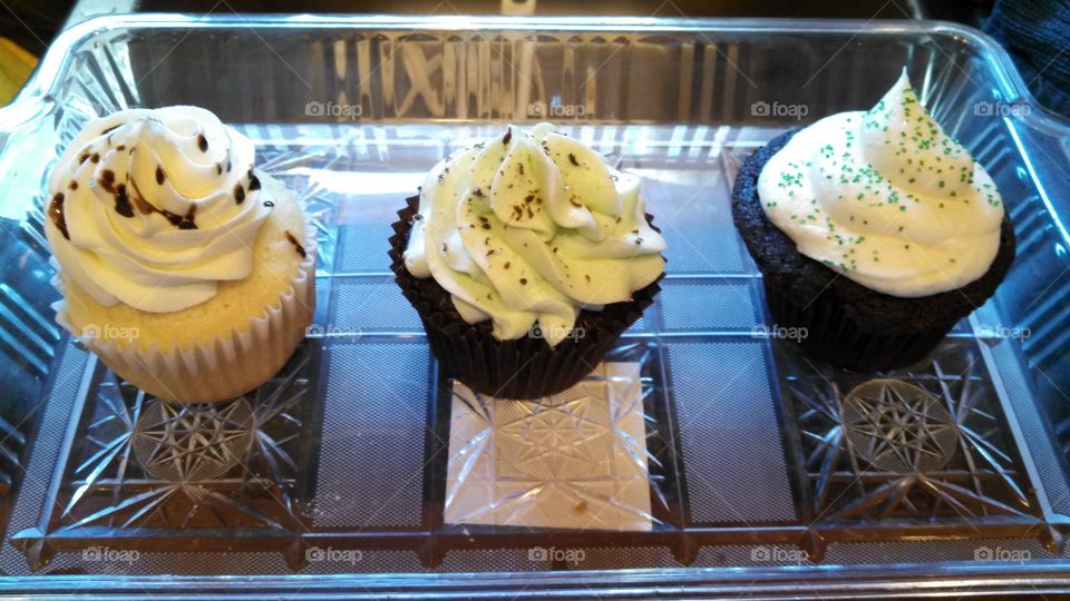 trio of cupcakes: white chocolate, chocolate mint, and Irish car bomb
