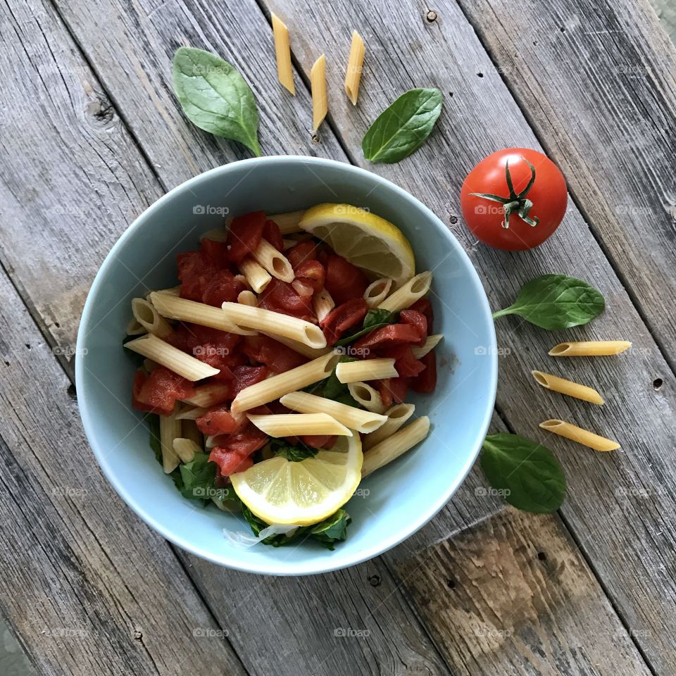 High angle view of penne pasta