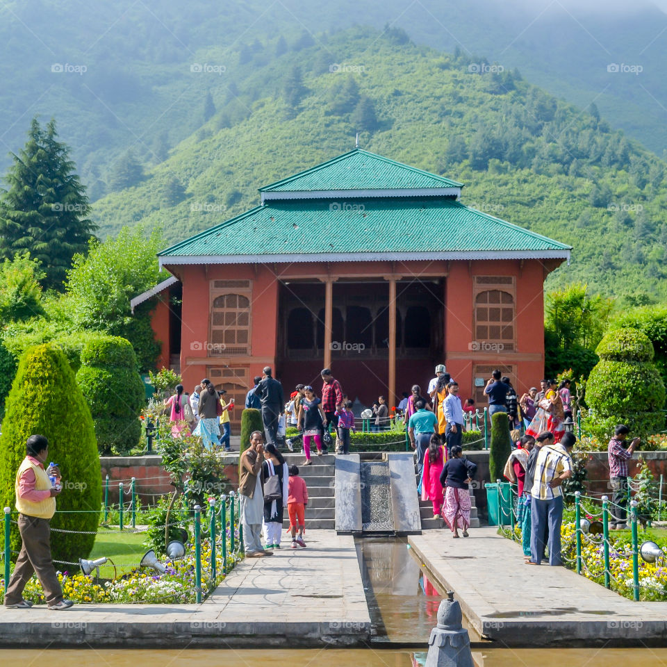 Chashme Shahi Mughal gardens, Dal Lake, Srinagar Kashmir India July 2018 - Chashma i Shahi or Royal Spring is one of the beautiful Mughal garden surrounded by Zabarwan Hill Range of Himalayan Mountain

 