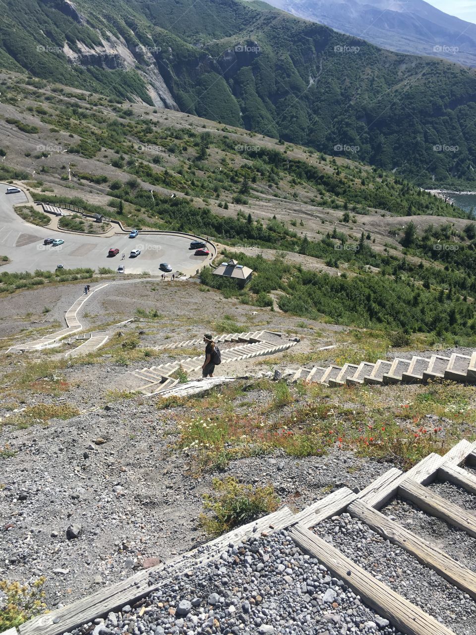 View of the steps leading up to a stunning outlook next to Mt. St. Helens