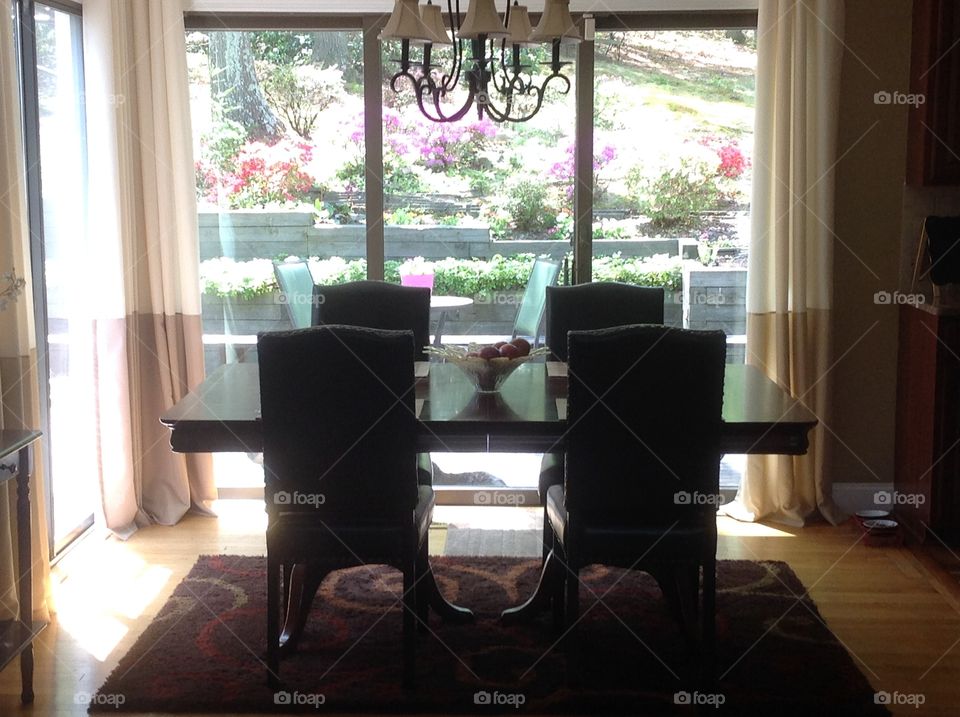 My dining room overlooking my backyard with beautiful azaleas in bloom.