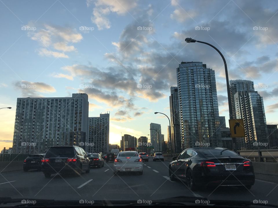 Toronto city skyline taken from the Gardiner expressway. 