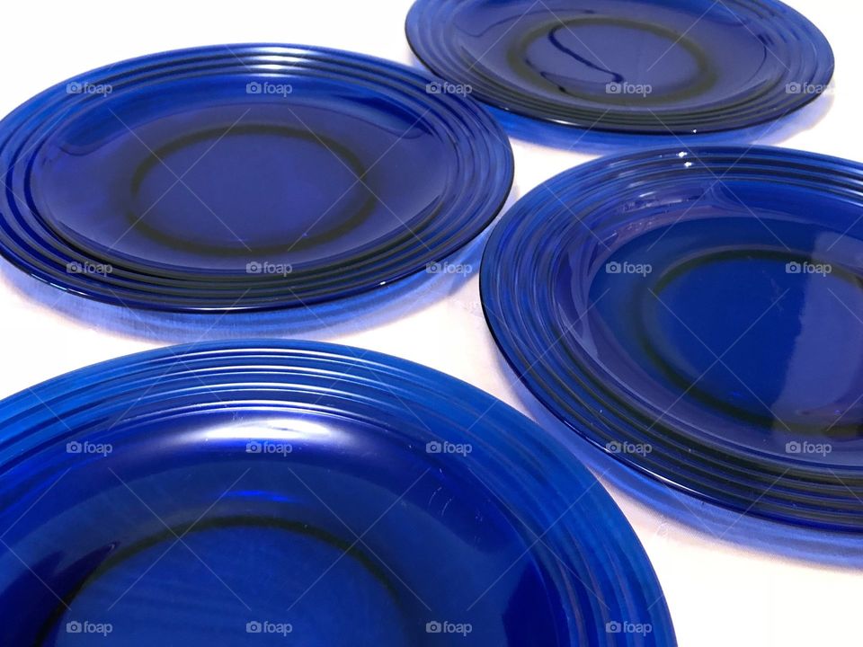 Bold Cobalt Glass Plates Vintage Kitchen Serving Set In Elegant Bright Cobalt Bold Blue Plates Dark Glowing Blue With Ribbed Look  