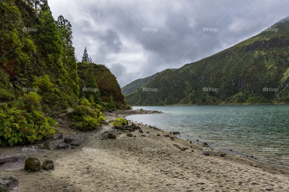 Hiking in the crater of Lagoa do fogo, Sao Miguel island, Azores, Portugal.