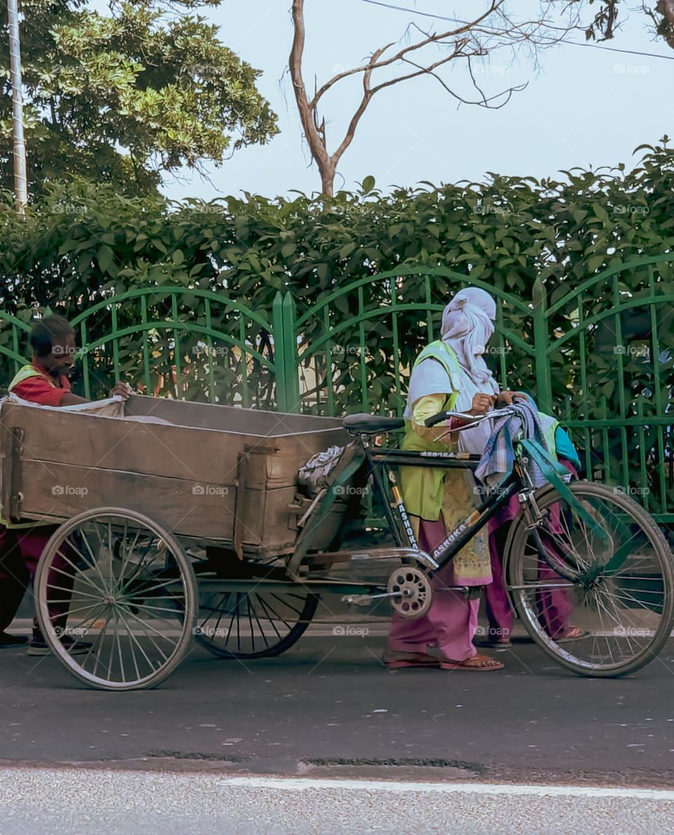 Towing bicycle on a street work