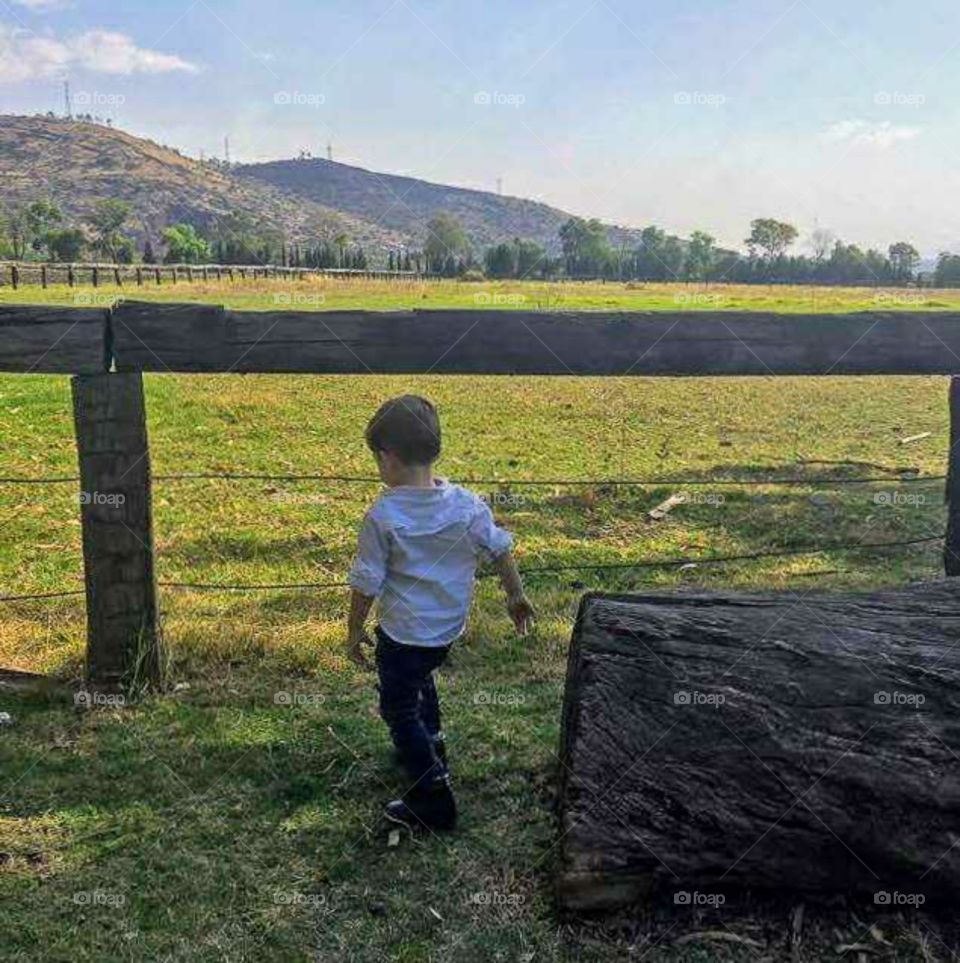 boy walking alone in the field meadow