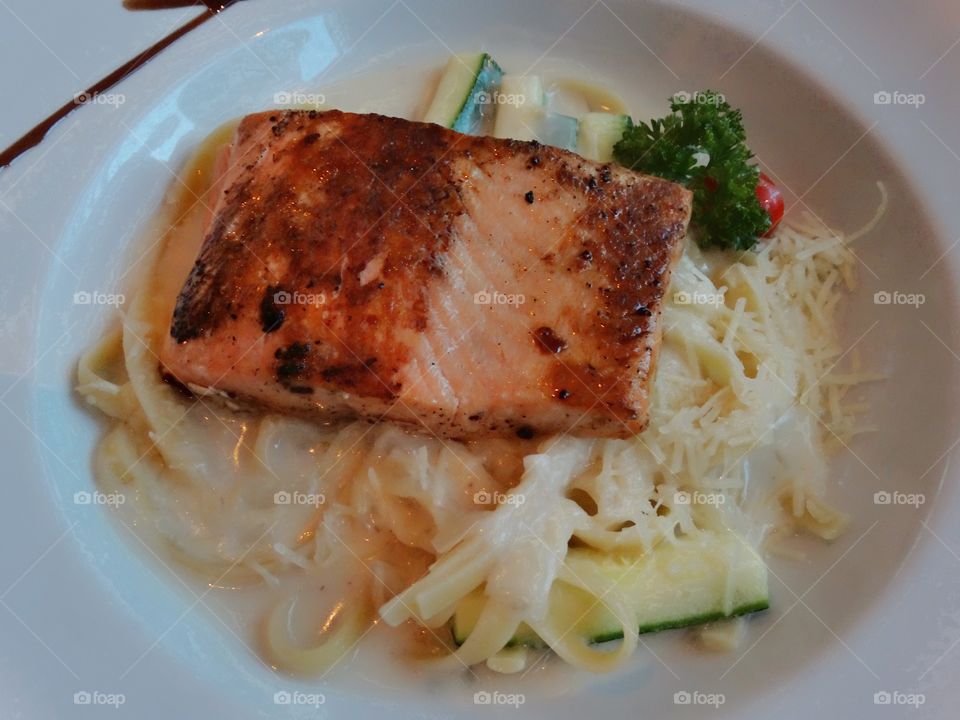 Salmon With Noodles In A Cream Sauce