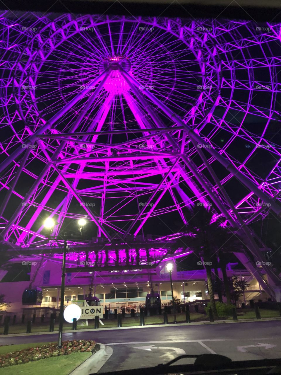 The eye of Orlando Faris wheel little up in neon purple light picture taken at night