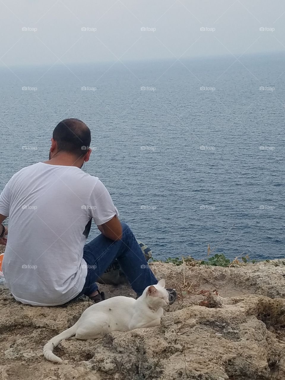 a man and a cat enjoying the sea breeze