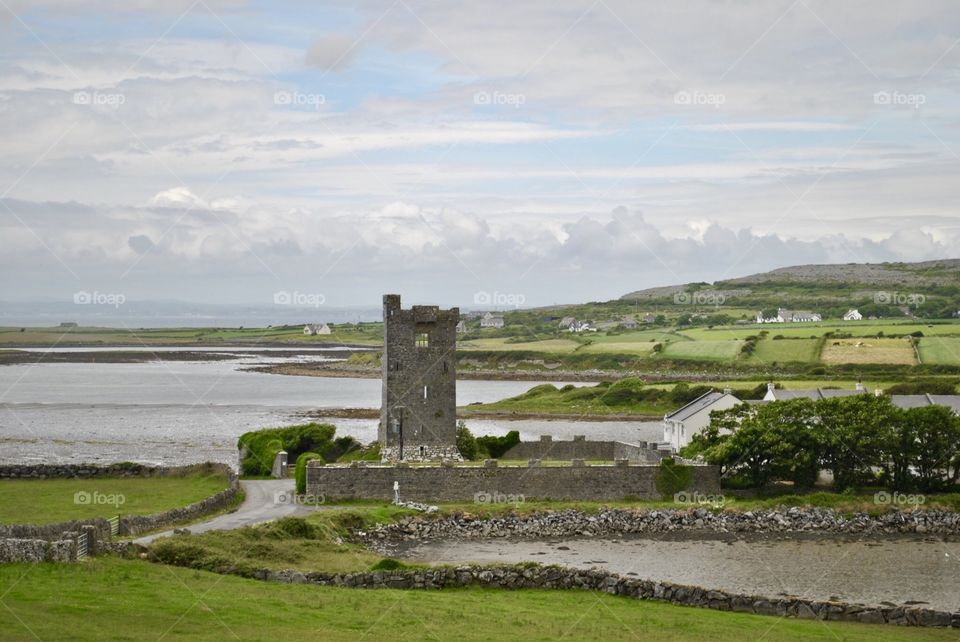 Irish landscape and castle ruins