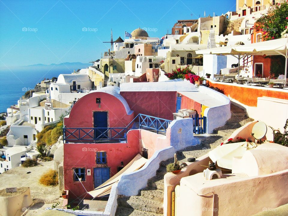 The photo is taken from the Oia section of the Santorini island, Greece.