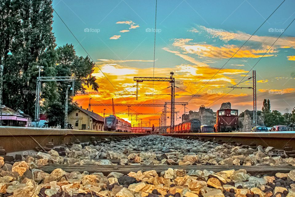 A sunset over the train station