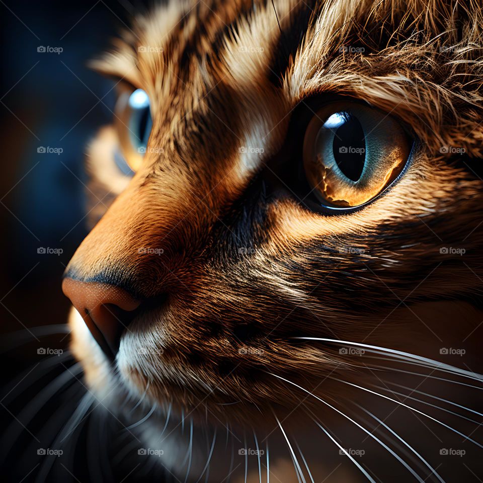 close up of a cat face with round eyes, in the style of vray tracing, photo-realistic techniques