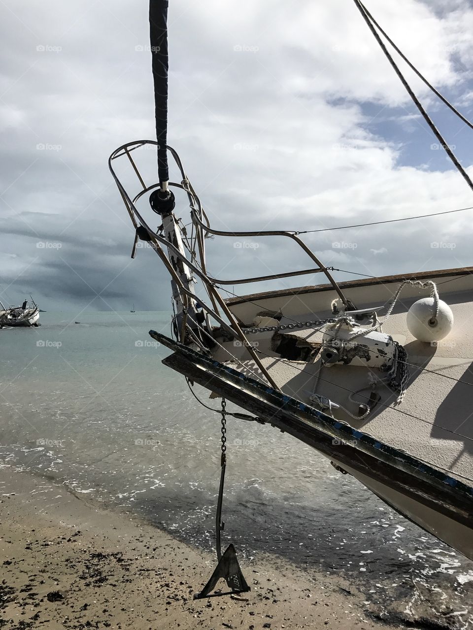 Shipwrecks, aftermath of Cyclone Debbie 2017 storm in Queensland Australia 