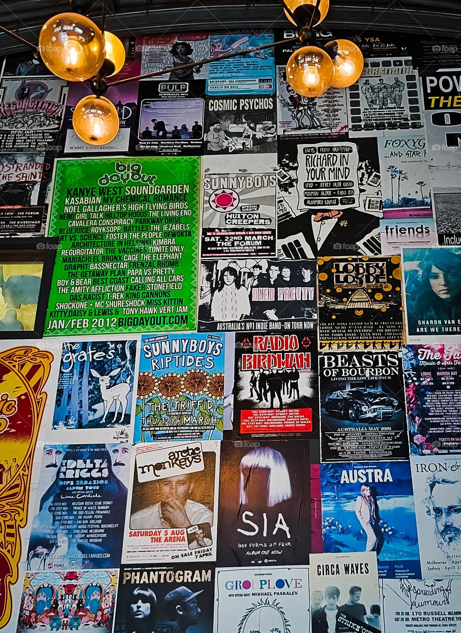 Concert posters of Australian and international bands and artists at the Triffid club in Newstead Brisbane