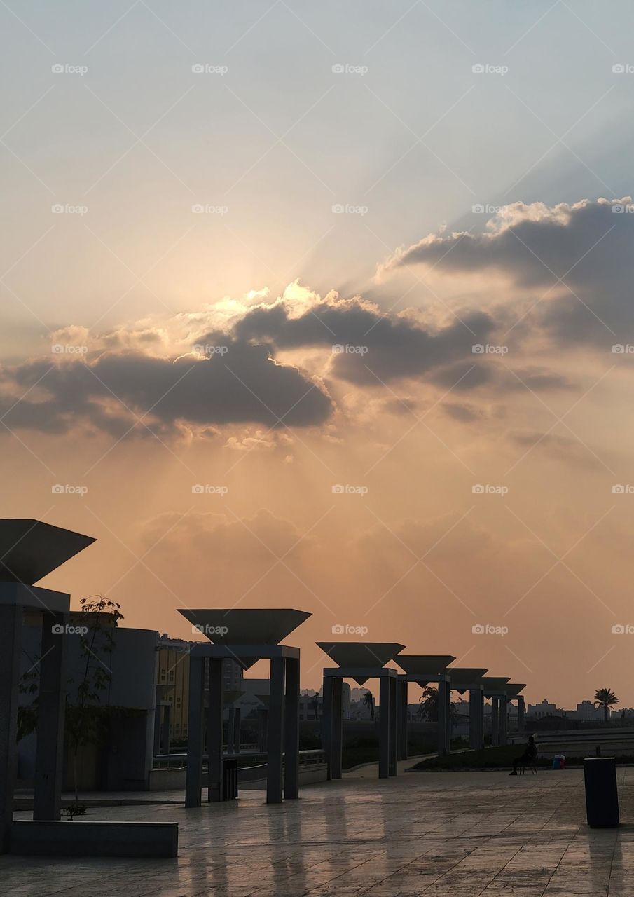 Sunray from sunset at The National Museum of Egyptian Civilization in Cairo Egypt