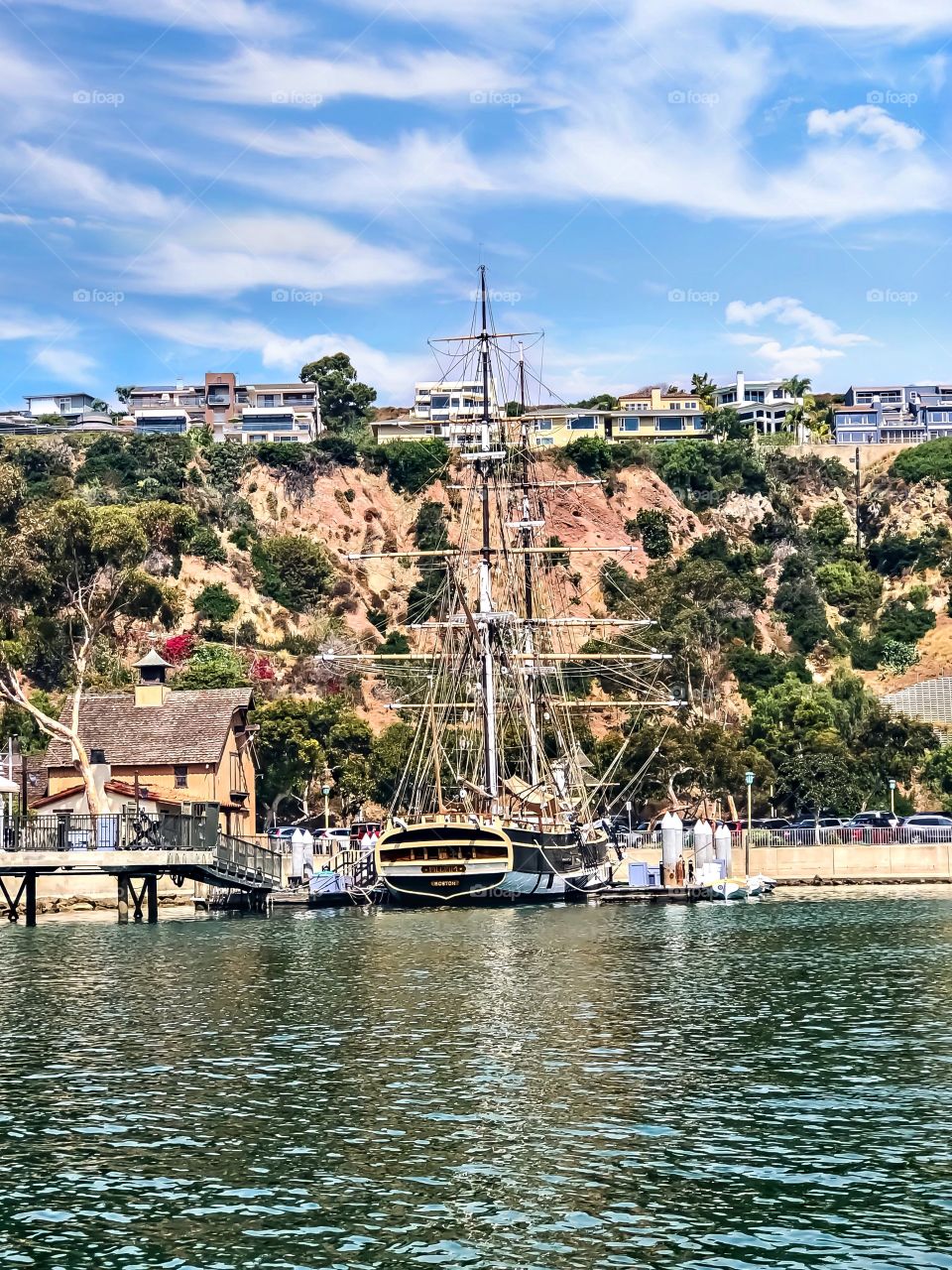 Foap Mission Landscape Beauty! Tall Ship in The Harbor With Stunning Landscapes Of San Cliffs  and Blue Skies In The Background Along The Southern California Coastline!