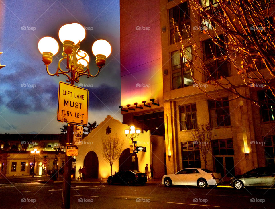 Night approaches in San Diego's historic gas lamp district. Urban