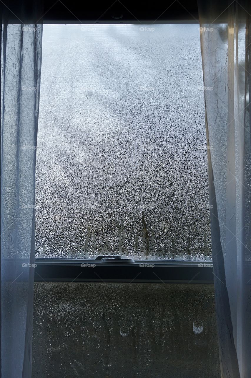 Frosted windowpane, a telltale sign of winter. 