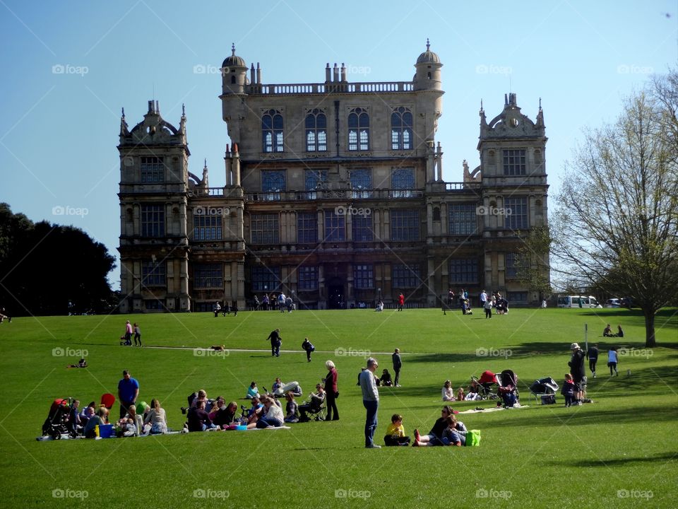 Batman Castle in Nottingham. people enjoying the spring in front of the batman castle in Nottingham