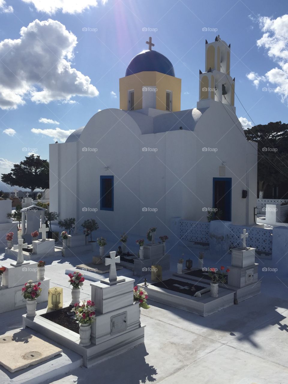 church and cemetery in santorini. 
