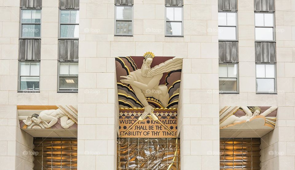 Wisdom, an artdeco piece of Lee Lawrie over the entrance of 30 Rockefeller Plaza in New York 