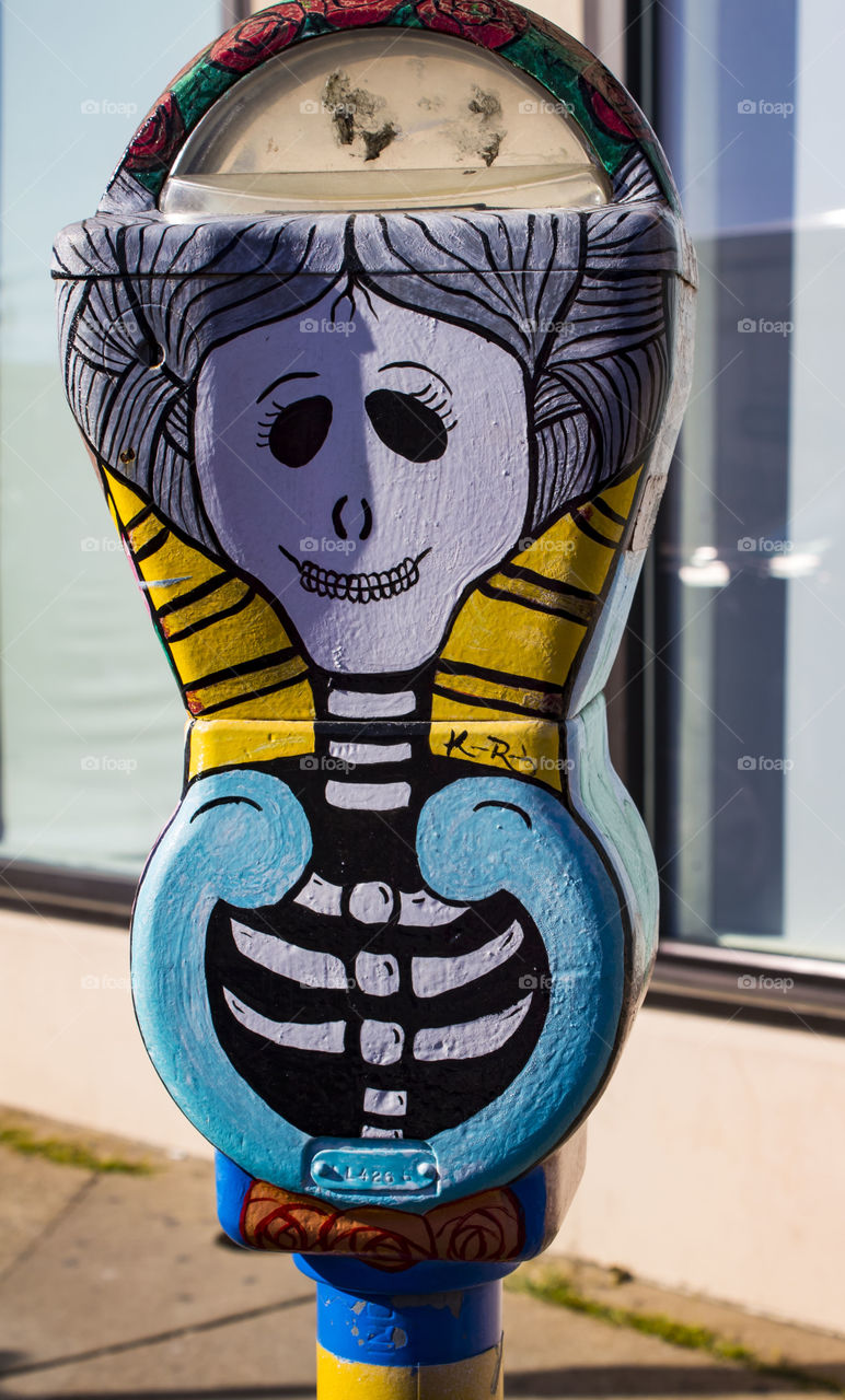 Painted Skeleton lady parking meter