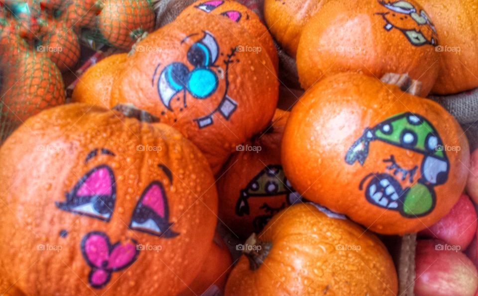 Halloween Decor. Funny Painted Pumpkins
