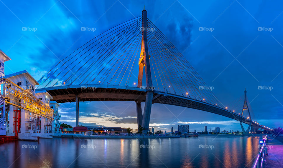 Beautiful night scene of landmark bridge Bhumibol in Bangkok Thailand