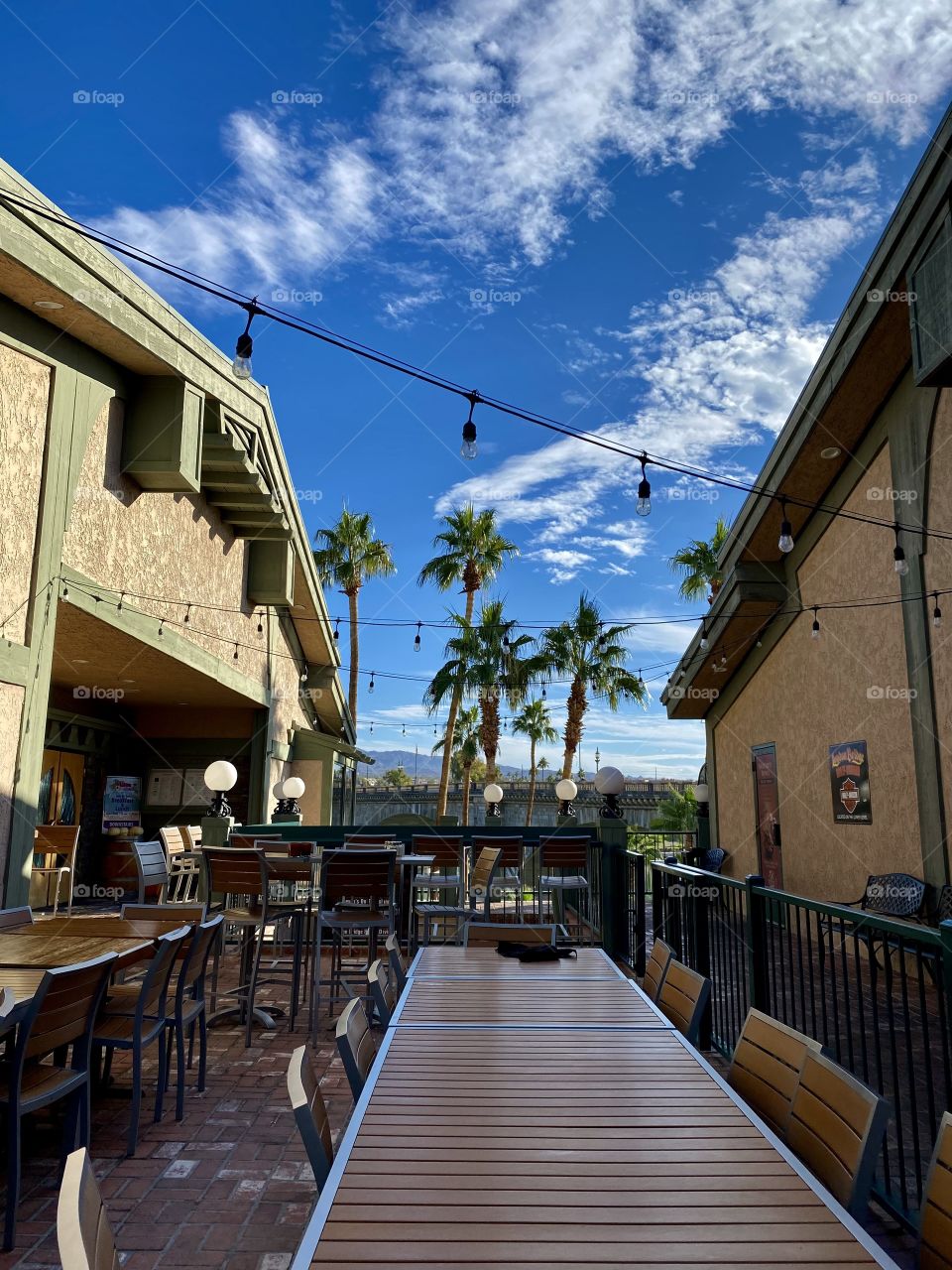 Empty tables at the Shugrue's Restaurant and Brewery Group in Lake Havasu City Arizona 