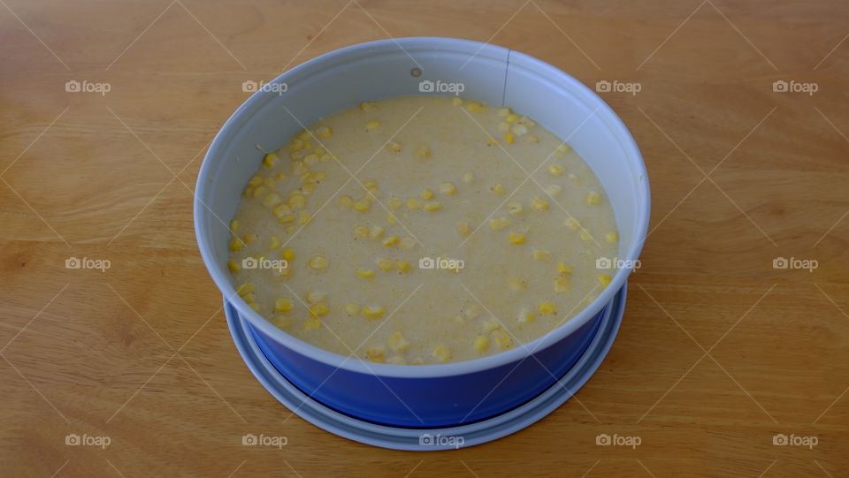 Corn bread batter in baking dish