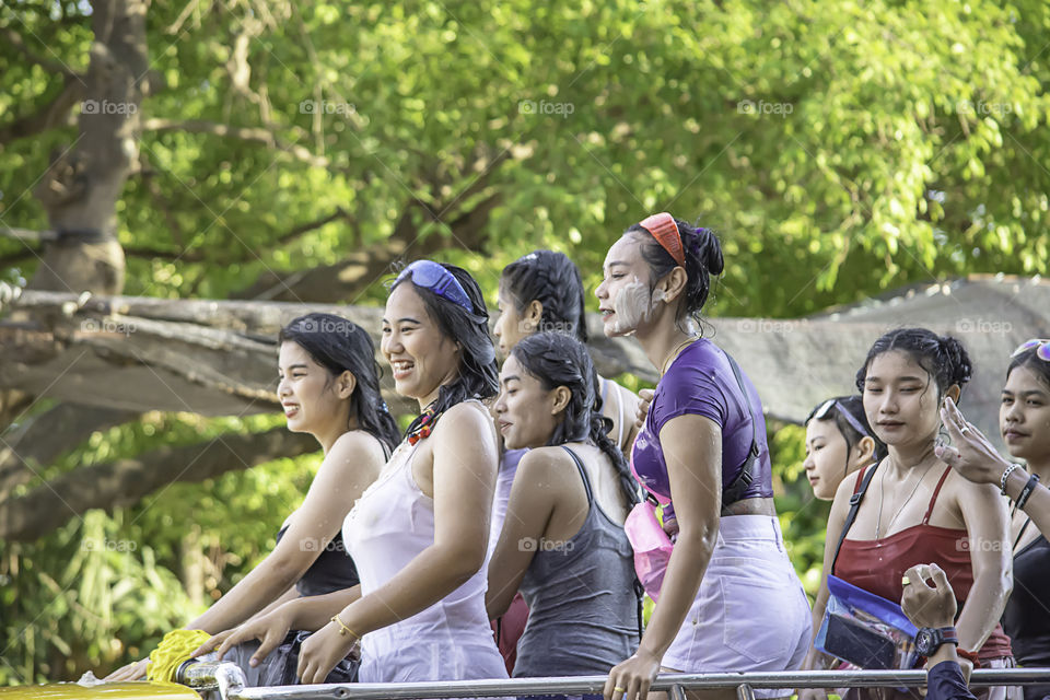 Tourists on the car play water in Songkran festival or Thai new year at Bang kruai, Nonthaburi , April 15, 2019