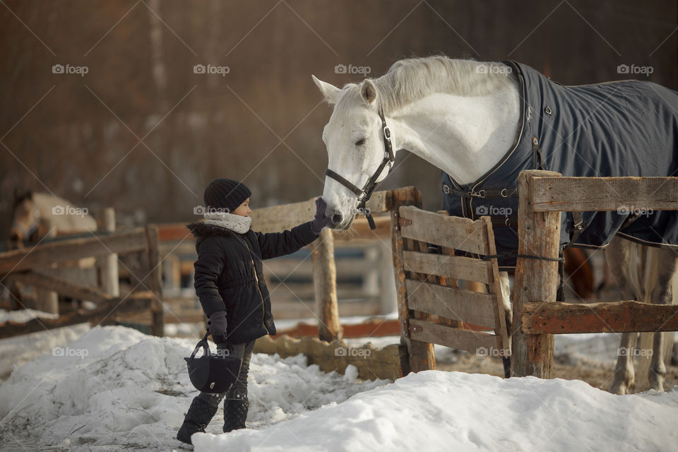 Little girl with horse on paddock 