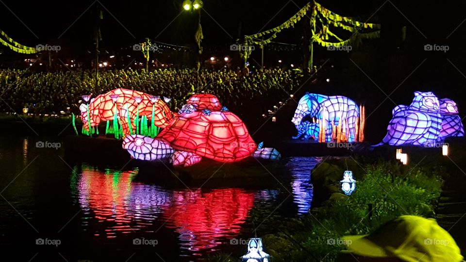 Beautifully-colored creatures light up waters of Discovery River during Rivers of Light at Animal Kingdom at the Walt Disney World Resort in Orlando, Florida.
