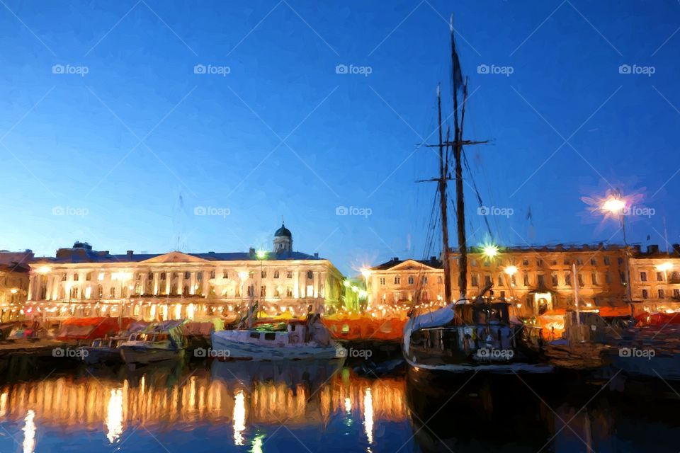 Digital painting of fishing boats and an old sailing boat at the Helsinki Market Square (Kauppatori in Finnish) with market tents on the background during the annual Helsinki Baltic Herring Fair (Silakkamarkkinat in Finnish) on clear early October evening.