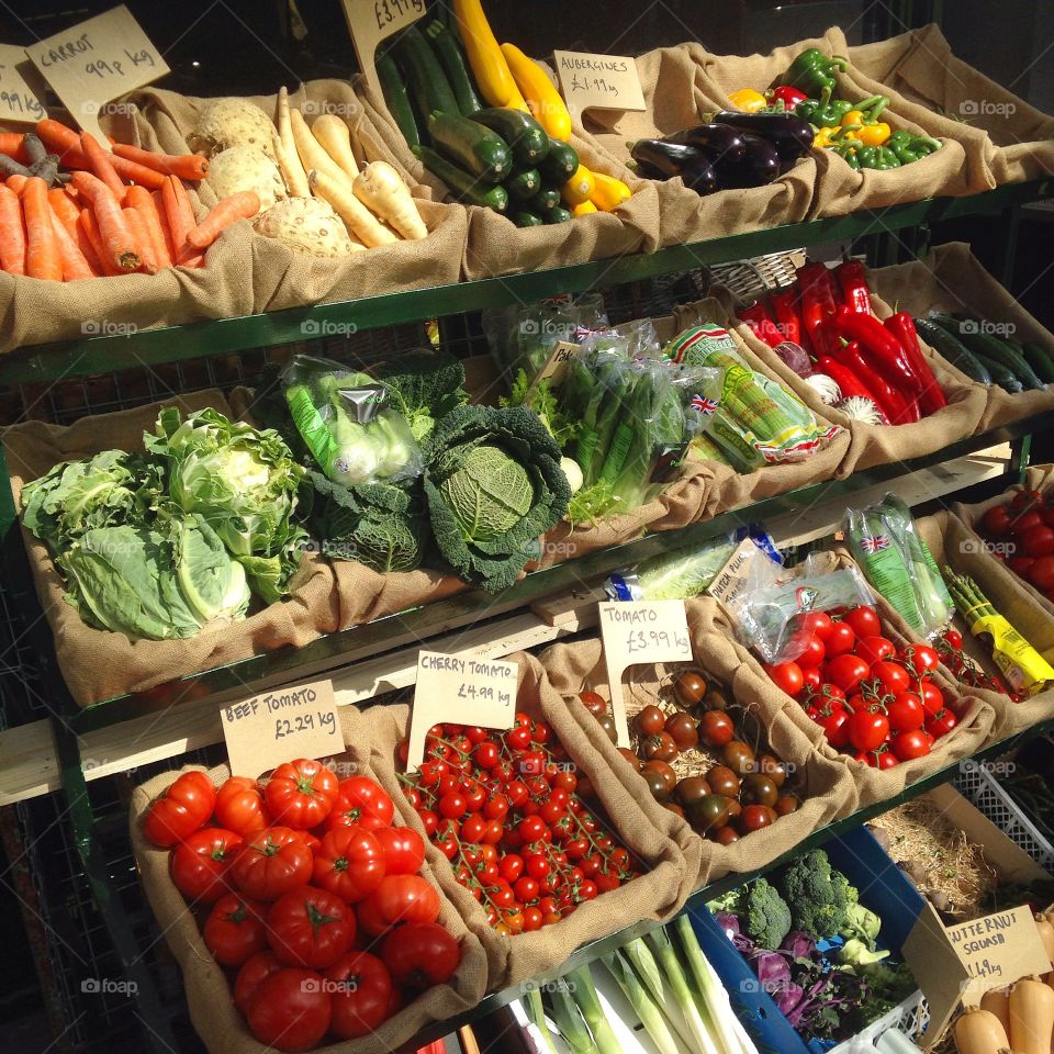 Vergetables. A market stall near Victoria park, London
