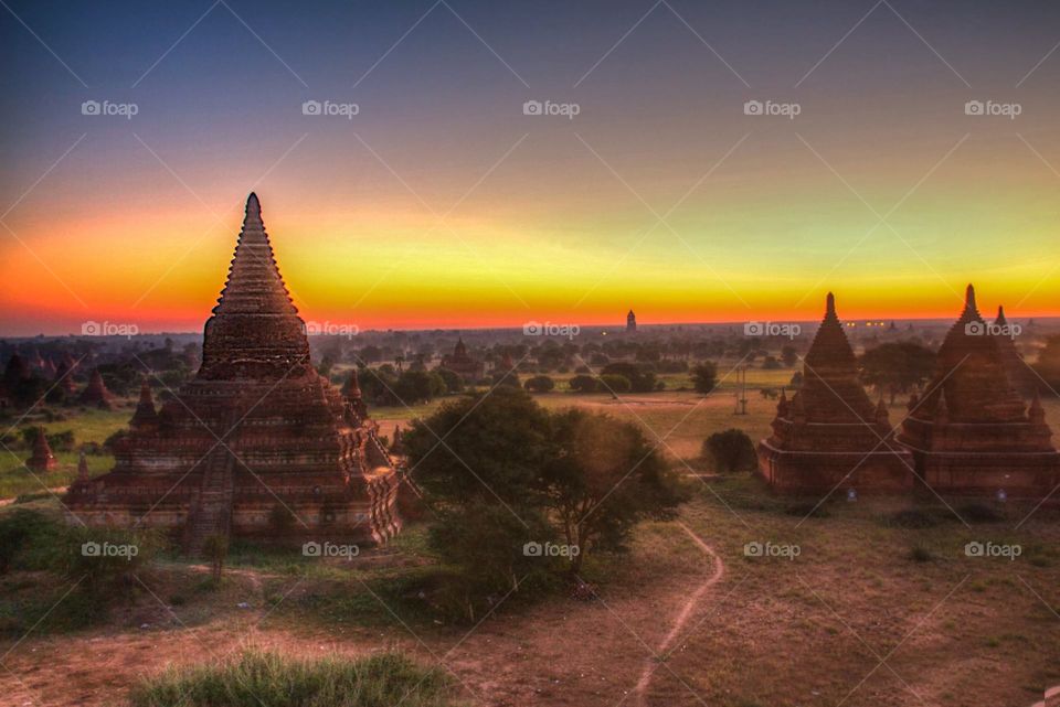 Goodnight Burma. A sunset shot of Bagan, Myanmar. 
An Archeological site for many of its stupas 