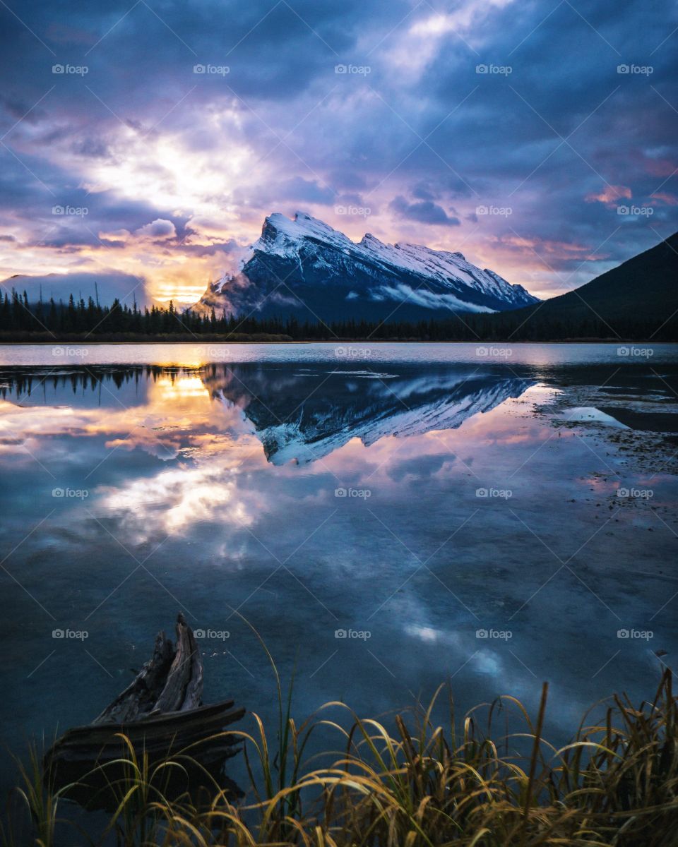 Mountains reflected on river