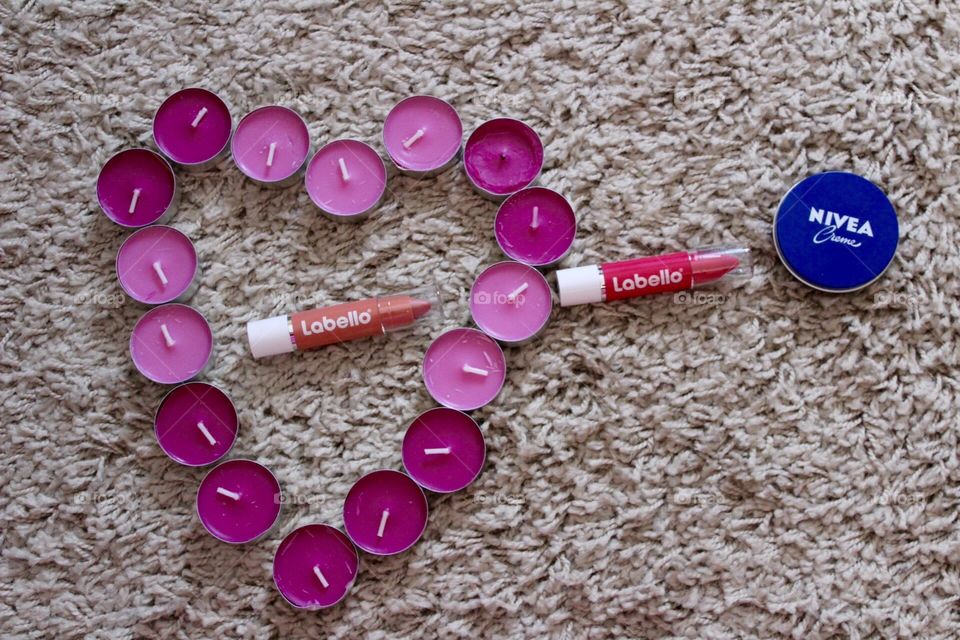 Nivea lipstick, labello and bodycare with pink candle heart 