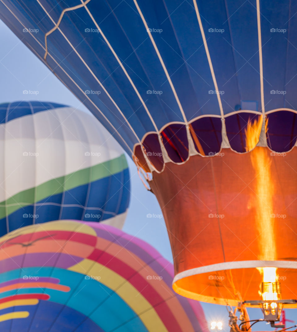Close up of hot air balloons with fire. 